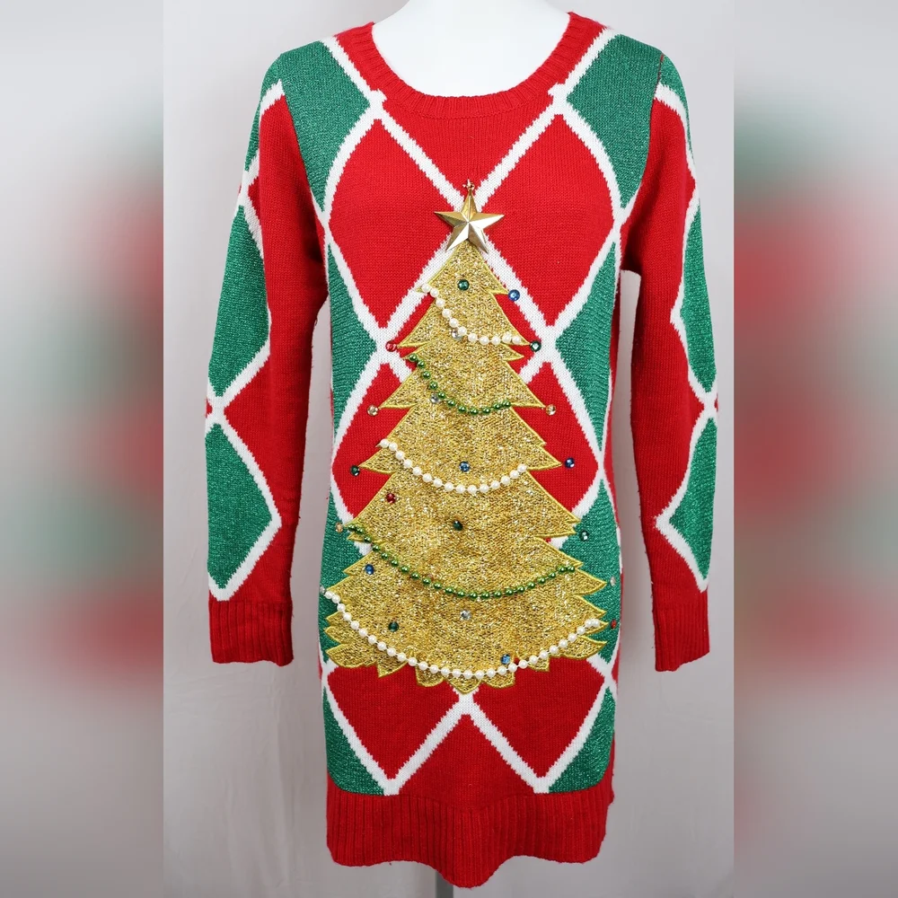 Kohl's Red and Green Holiday Dress with Gold Tree - Picture 1 of 12